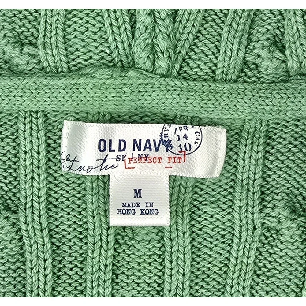 Vtg Y2K Old Navy Cable Knit Sweater Sz M Deep V-Neck‎ Green Long Sleeve Slim Fit